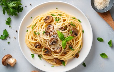 Delicious mushroom pasta topped with fresh basil on a white plate with garnishes