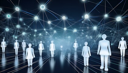 Abstract digital network with interconnected human figures, representing global communication and social connections.