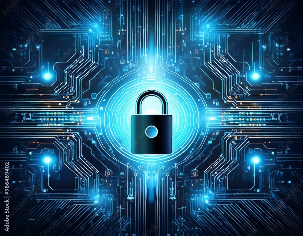 Poster abstract digital security concept with a padlock icon on a circuit board.