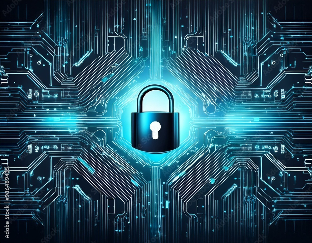 Poster abstract digital security concept with a padlock icon on a circuit board.