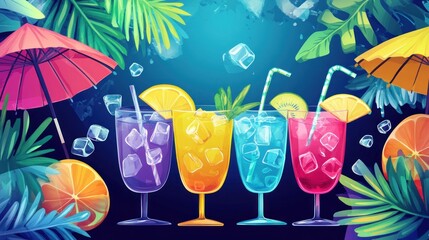 Illustration of Cocktail party banner and tropical umbrella with colorful drinks and exotic plants background. Ai generated image