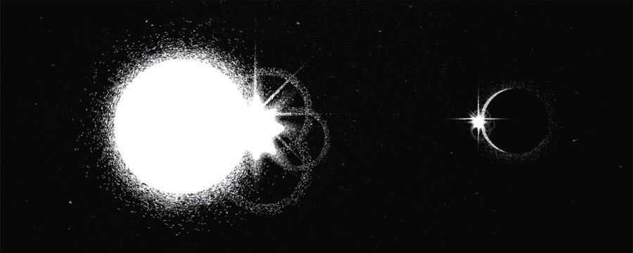 Star explosion . Solar  x flare . Big eruption of plasma with magnetic loops . Binary star system .Exploding sun in space. Solar flash of radiation on star surface . Depp space. Starry background.
