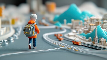 Fototapeta premium Young Boy Walking Towards Cityscape Miniature Model