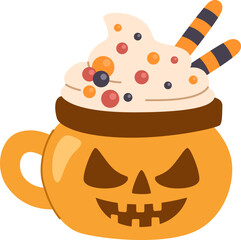Halloween dessert drink with whipped cream and straws in a pumpkin cup.