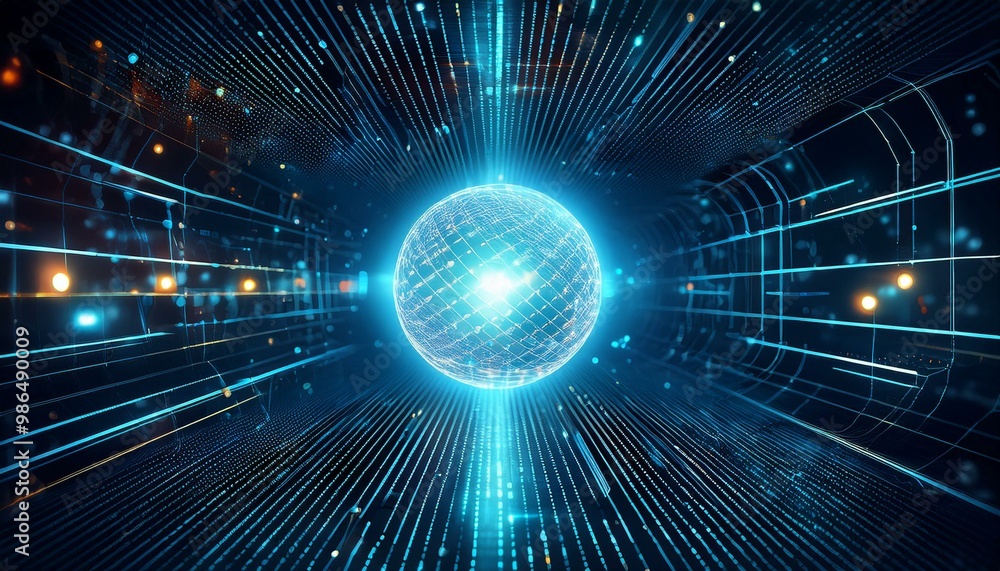 Poster abstract digital tunnel with a glowing sphere in the center. futuristic concept for technology, data