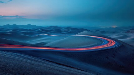 Desert Road with Light Trails at Dusk