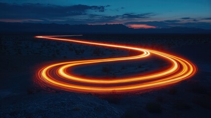 Desert Road With Long Exposure Light Trails At Sunset