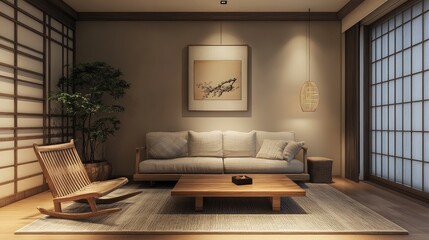 Fototapeta premium Beautiful Minimal Brown Colored Living Room Interior 