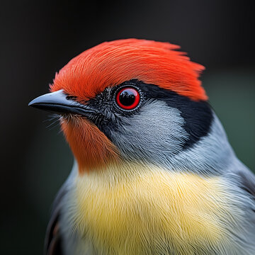 An exquisite close-up shot of a small, vibrant bird featuring a brilliant red crest and a striking red eye. 