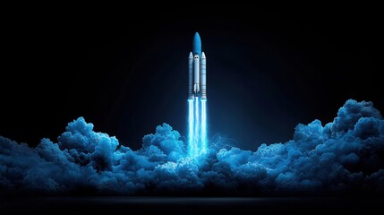 Rocket Launch Through Blue Clouds