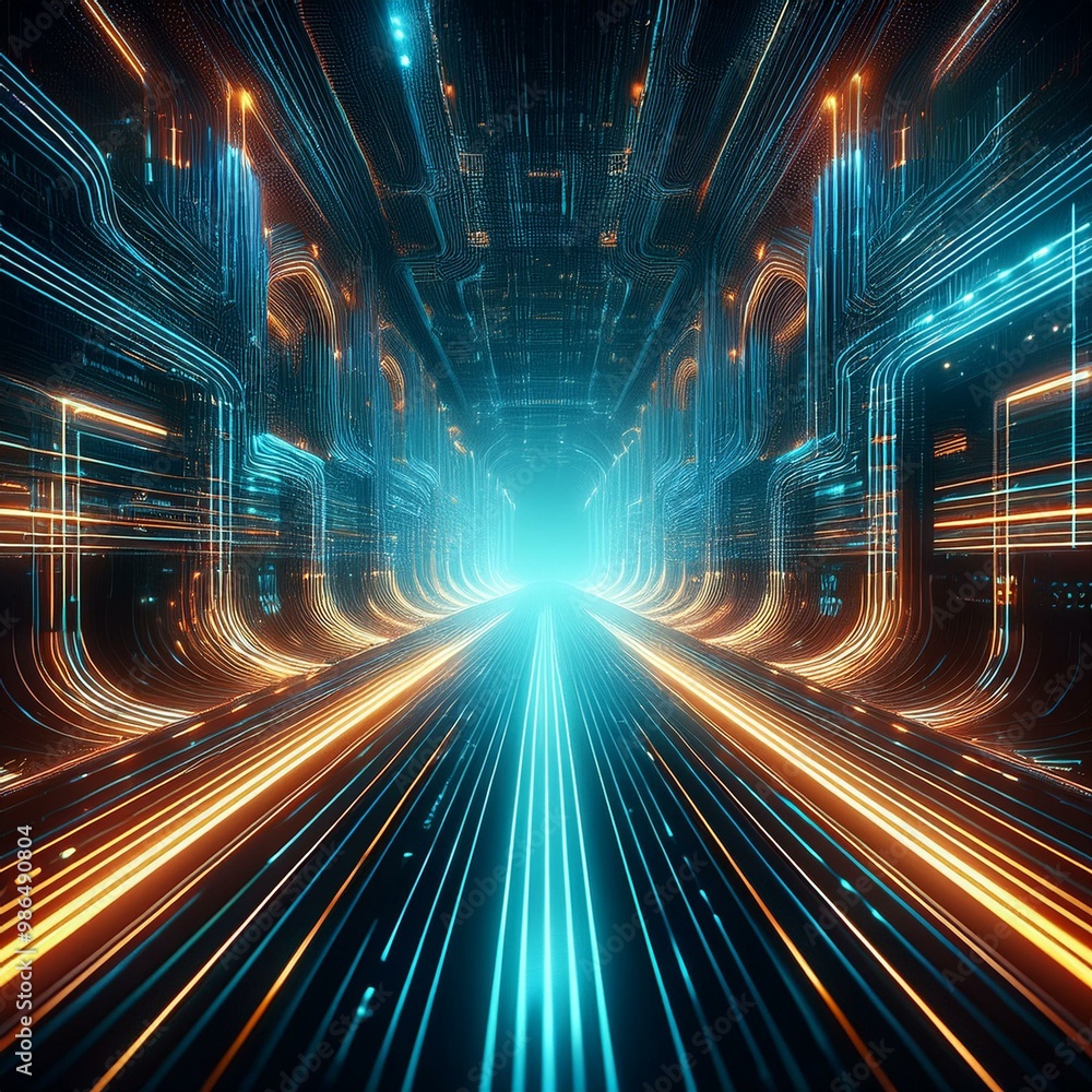 Poster abstract digital tunnel with glowing lines and data streams. futuristic, technology, and cyberpunk c