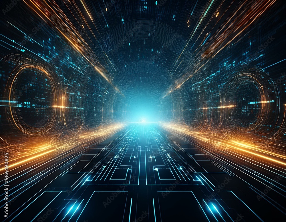 Poster abstract digital tunnel with glowing lines and symbols representing the digital world.