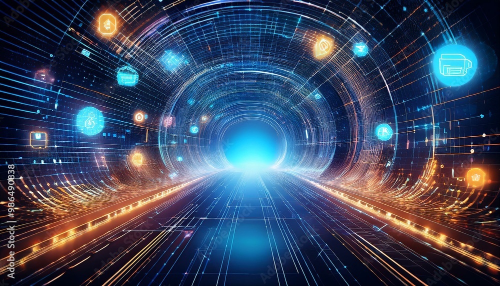 Poster abstract digital tunnel with glowing icons representing technology, data flow, and digital communica