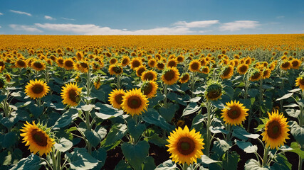 Fototapeta premium sunflower field in full bloom under a clear blue sky. endless rows of tall, vibrant sunflowers swaying gently in the breeze, with the sun shining brightly overhead.