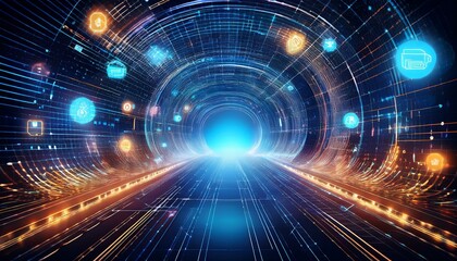Obraz premium Abstract digital tunnel with glowing icons representing technology, data flow, and digital communication.