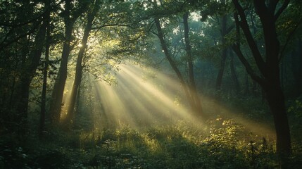 Obraz premium Sunbeams Piercing Through a Misty Forest
