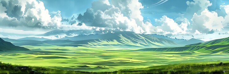 Mongolian green landscape with hills and cloudy sky