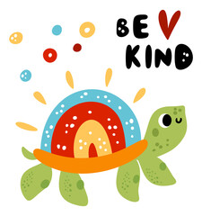 Be kind card. Happy turtle. Cute animal design