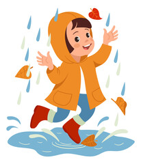 Happy kid jumping in rain puddle. Autumn outdoor fun