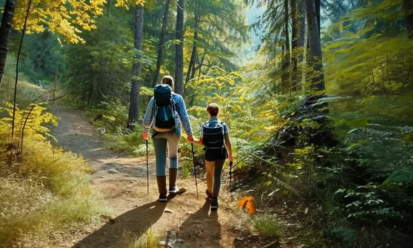 A man and a boy are walking through a forest 4K Video