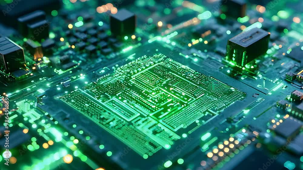Poster close-up of a glowing green circuit board with microchips and electronic components in a futuristic 