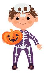 Kid in skeleton costume. Halloween cartoon boy hold pumpkin