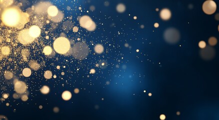 Obraz premium Shimmering gold particles float against a dark blue background creating a magical atmosphere