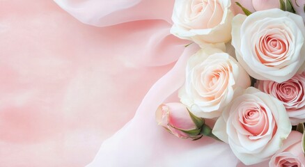 Delicate pink florals on a soft pink fabric background create a serene, romantic atmosphere