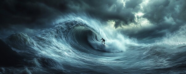 Surfer riding a massive ocean wave