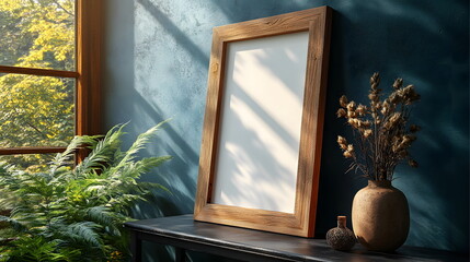 Mock-up frame with green wall and minimalist decorations, idea for interior designers who want to create a calm and stylish atmosphere to use in designing a space that provides a relaxing feeling.