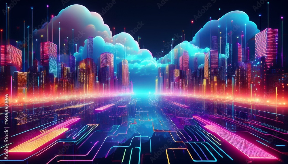 Poster Abstract futuristic cityscape with neon glowing clouds and data streams. Represents cloud computing, data storage, and the digital age.
