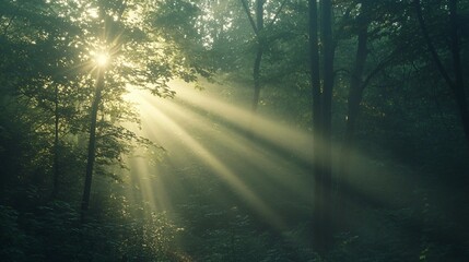 Naklejka premium Sunbeams Illuminating a Misty Forest