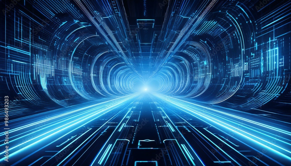 Poster abstract futuristic digital tunnel with glowing blue lines and symbols, representing data flow and t