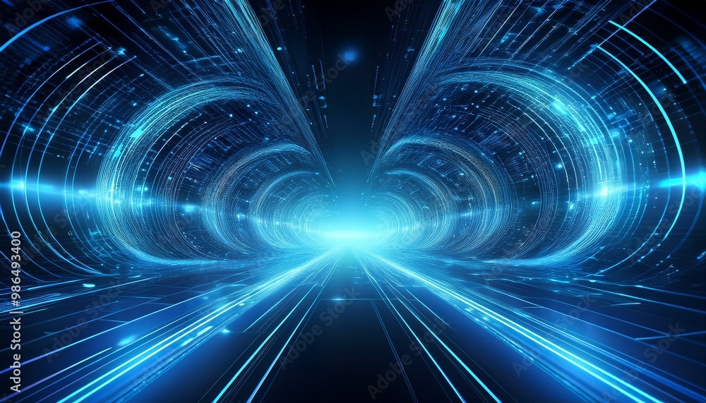 Poster abstract futuristic digital tunnel with glowing blue lines and symbols, representing data flow and t