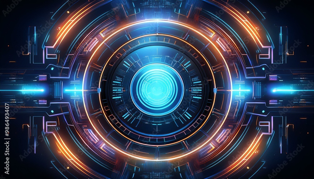 Poster abstract futuristic digital interface with glowing neon lights and a central circular element.
