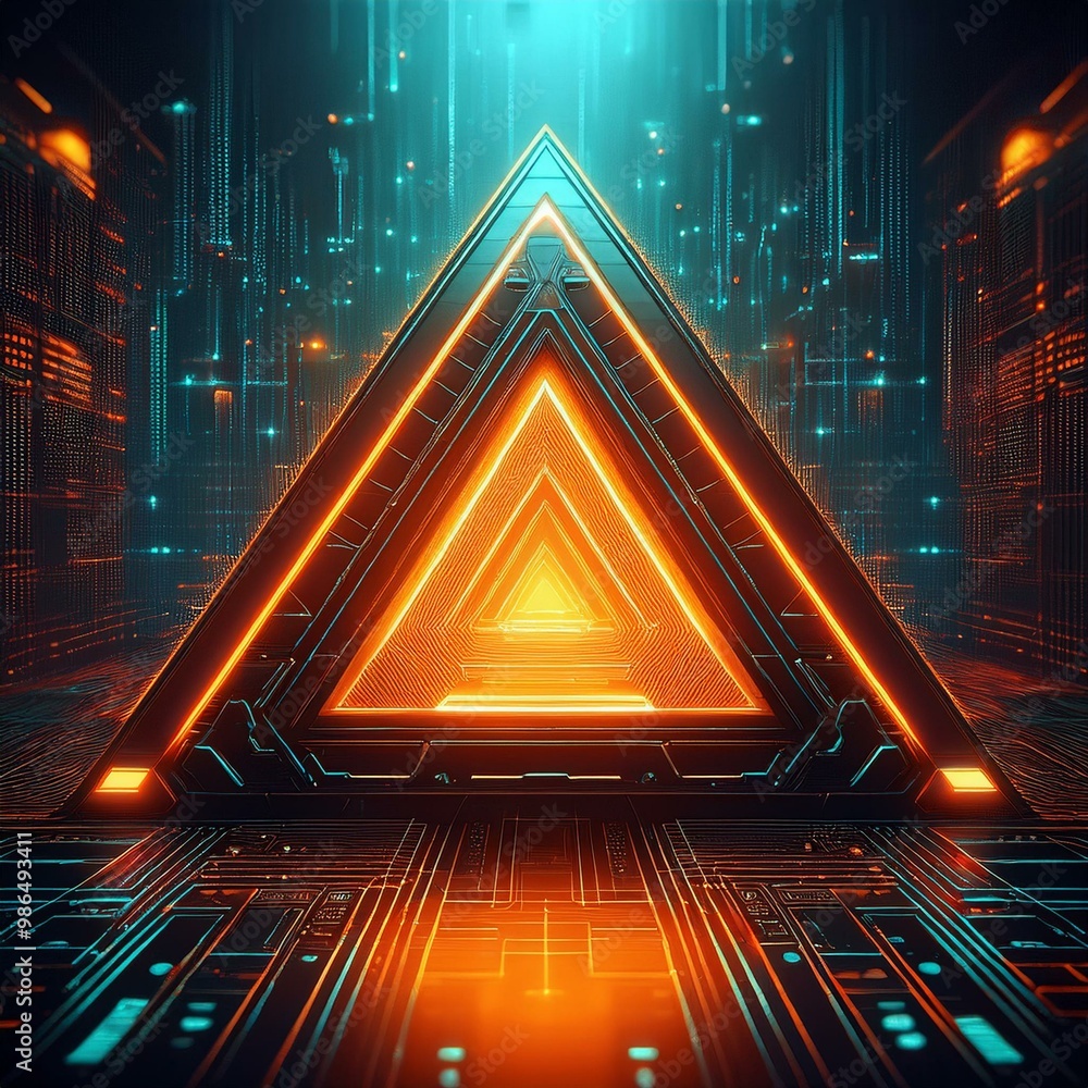 Poster abstract futuristic interface with glowing orange triangle and digital data. cyberpunk style. sci-fi