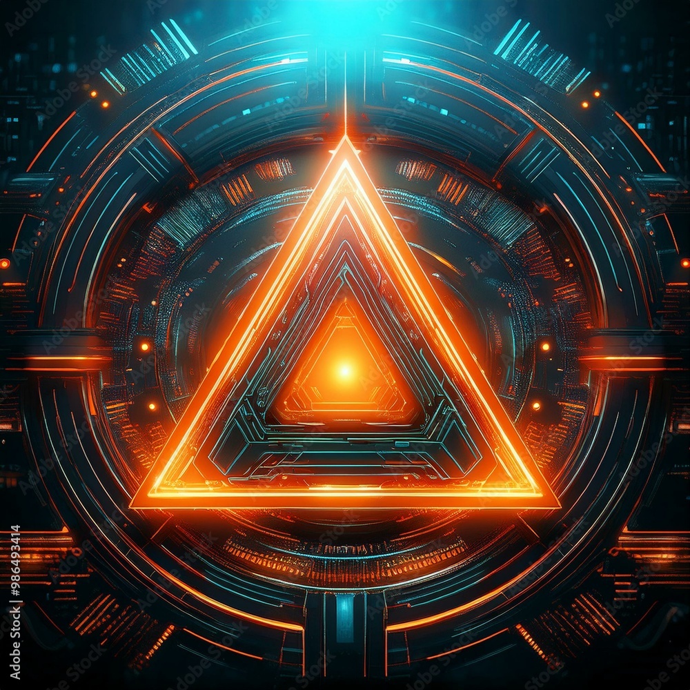 Poster abstract futuristic interface with glowing orange triangle and digital data. cyberpunk style. sci-fi