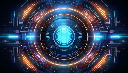 Abstract futuristic digital interface with glowing neon lights and a central circular element.