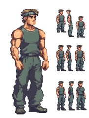 Fototapeta premium Pixel art sprite sheet of a military character in different poses