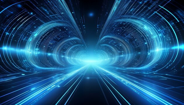 Abstract futuristic digital tunnel with glowing blue lines and symbols, representing data flow and technology.