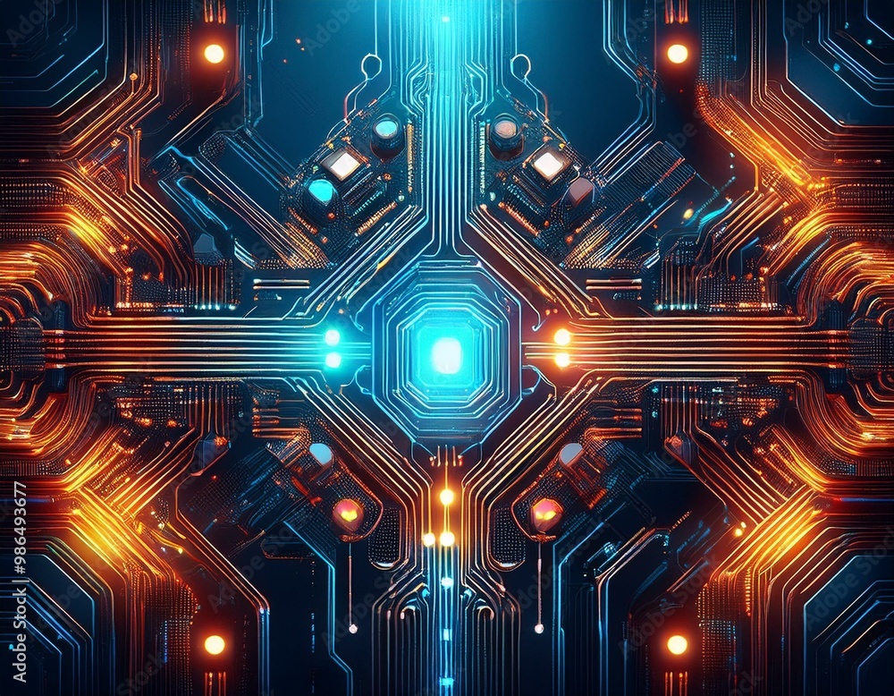 Poster abstract futuristic technology concept. glowing circuit board with a digital interface.