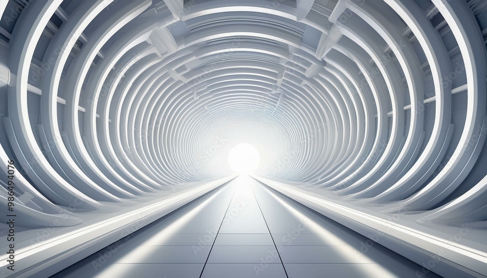 Poster abstract futuristic tunnel with glowing light at the end. minimalist white design with a sense of sp