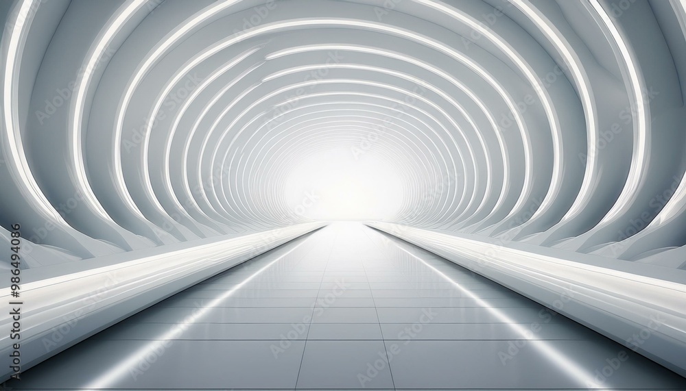 Poster abstract futuristic tunnel with glowing light at the end. minimalist white design with a sense of sp