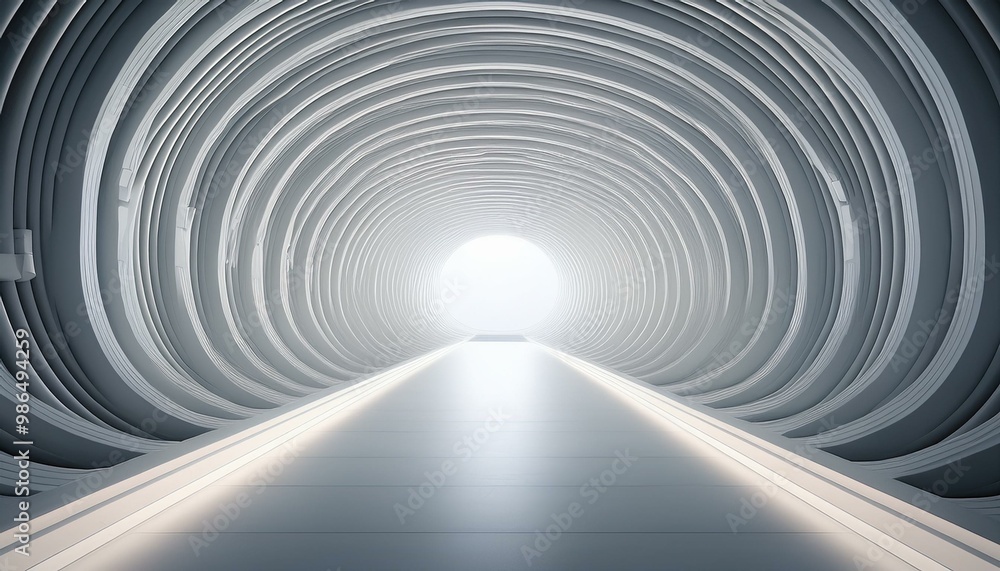 Poster abstract futuristic tunnel with glowing light at the end. minimalist white design with a sense of sp