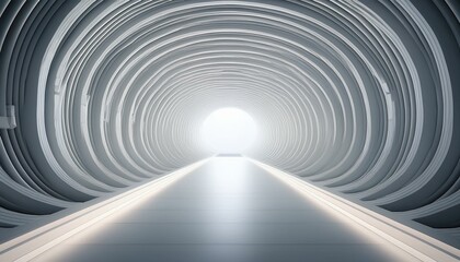 Abstract futuristic tunnel with glowing light at the end. Minimalist white design with a sense of space and possibility.