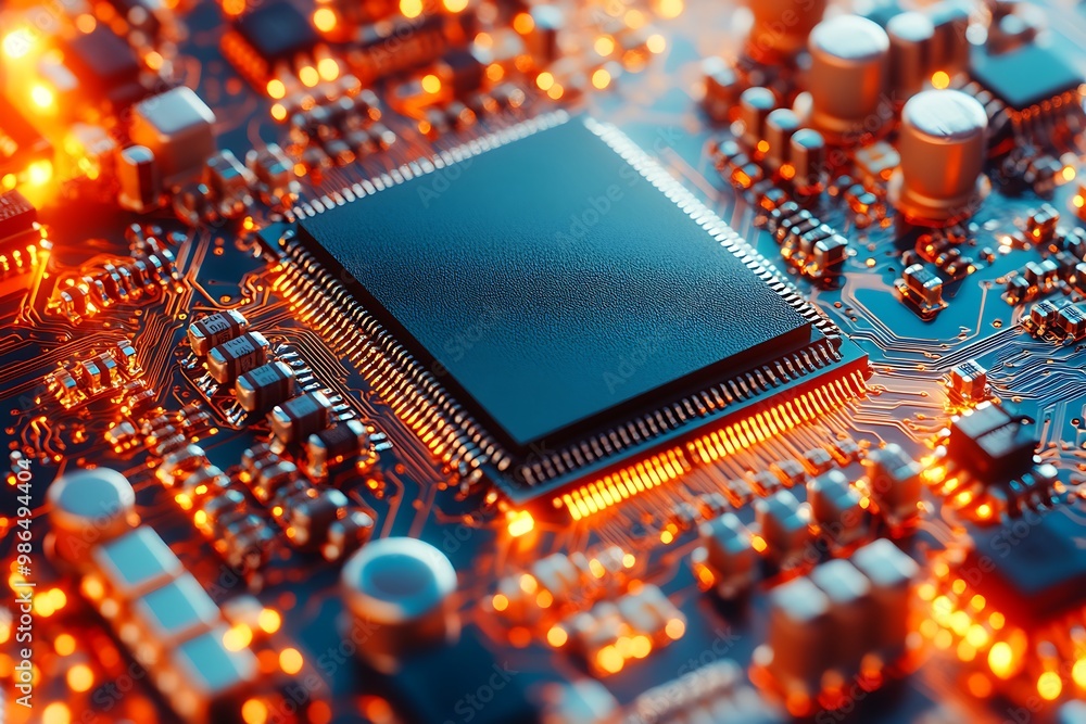 Poster closeup of a cpu processor on a circuit board with glowing orange lights. technology concept