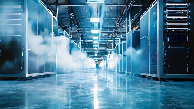  Data center hallway with cloud computing technology and high-performance servers in a modern technological facility