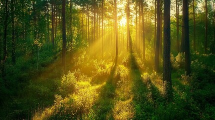 Naklejka premium Sunbeams filtering through a misty forest