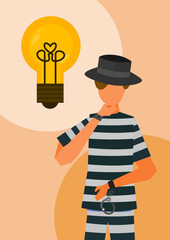 Male prisoner cartoon character thinking of creative ideas. Vector illustration. Suitable for criminal solution, crime, and law content
