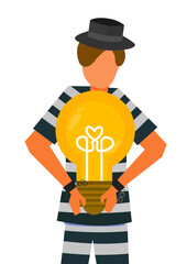 Male prisoner cartoon character holding a lightbulb. Creative thinking. Vector illustration. Suitable for criminal solution, crime, and law content